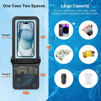 Double Space Waterproof Phone Pouch, 2 Pack Waterproof Phone Case with Lanyard for iPhone 15 Pro Max Galaxy S23 Pixel 7a up to 8.5’’, Cellphone Dry Bag for Beach Vacation