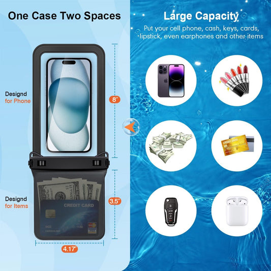 Double Space Waterproof Phone Pouch, 2 Pack Waterproof Phone Case with Lanyard for iPhone 15 Pro Max Galaxy S23 Pixel 7a up to 8.5’’, Cellphone Dry Bag for Beach Vacation