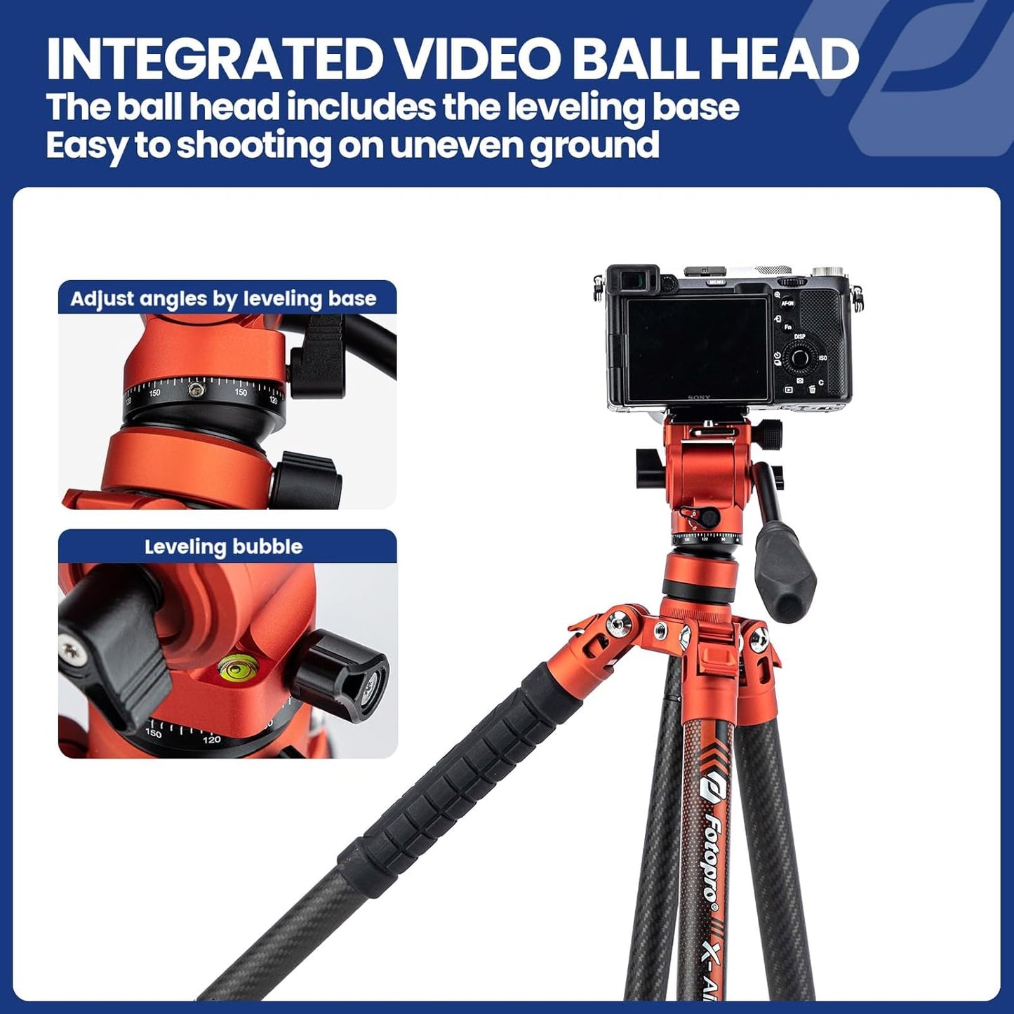 Fotopro 62 Inch Carbon Fiber Tripod 2.3lbs Ultralight Portable Travel Video Tripod for Camera DSLR Lightweight Load up to 22lbs X-Aircross 3 Video Orange
