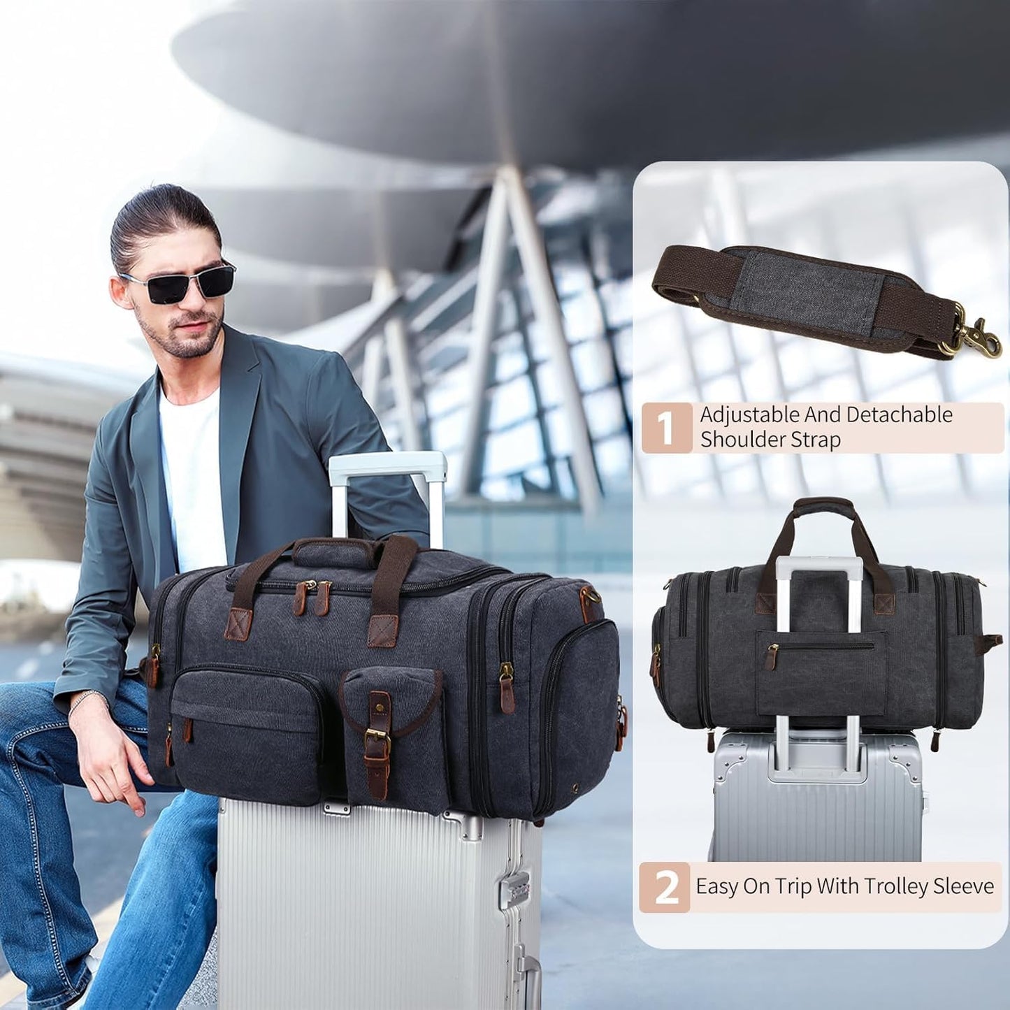 Mens Duffle Bag for Travel 3Pcs Set Travel Bags for Men 60L Expandable Canvas Bag (Dark Gray)