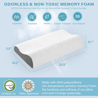 Cooling Pillows Queen Size Set of 2, Memory Foam Bed Pillows for Sleeping, Ergonomic Cervical Pillow for Neck and Shoulder Pain Relief, with Pillowcase（Grey）