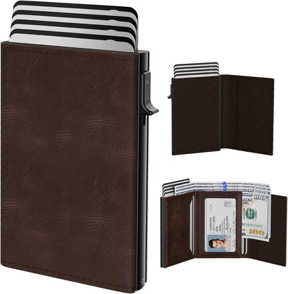 typecase Mens Wallet Card Holder: Pop Up Aluminum Case, Genuine Leather, Smart, RFID Blocking, Slim, Minimalist, Front Pocket - 9-14 Card Capacity | ID Window | Cash Slot - Oil Wax Brown