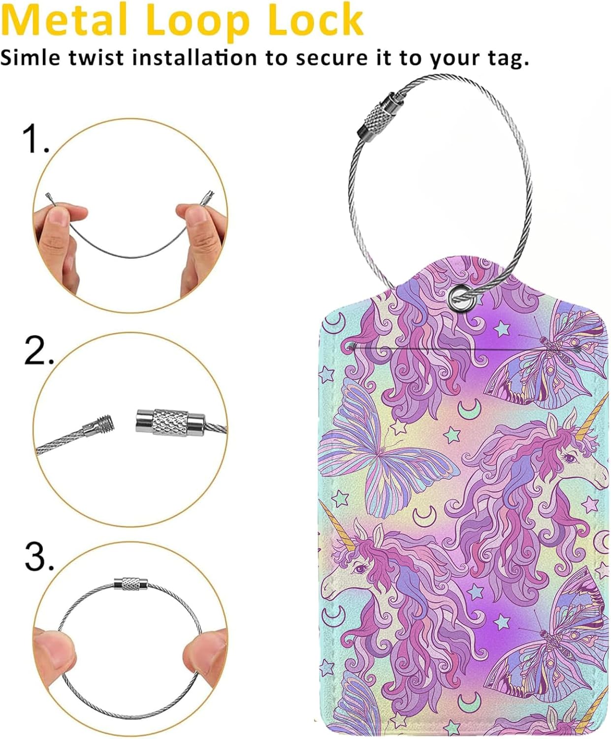 Multicolored Unicorn Luggage Tags for Suitcases,2 Pack Luggage Tag, Leather Stainless Steel Loop Label Tag for Women Girl Travel Bag Suitcase