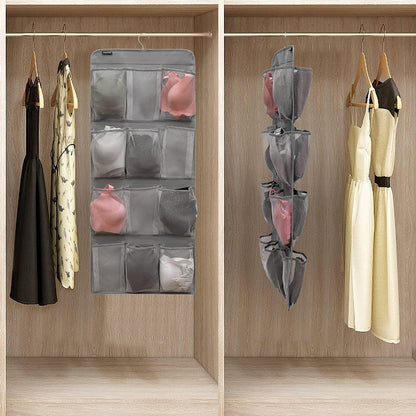 Dual Sided Hanging Shoe Organizer for Closet with Rotating Hanger Hanging Shoe Rack Holder with 24 Large Pockets (Grey-Mesh Pockets)