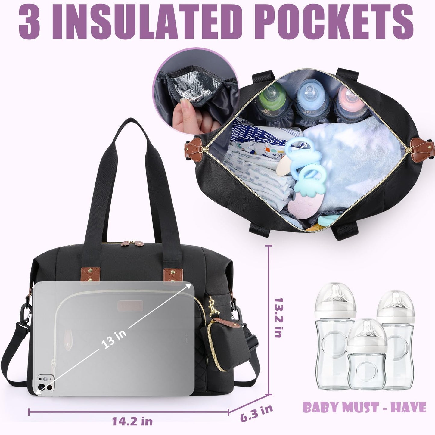 Tuwubi Diaper Bag Tote,Baby Diaper Bag with Pacifier Case Large Travel Diaper Tote Caddy for Mom and Dad Multifunction Large Baby Bag - M-Black