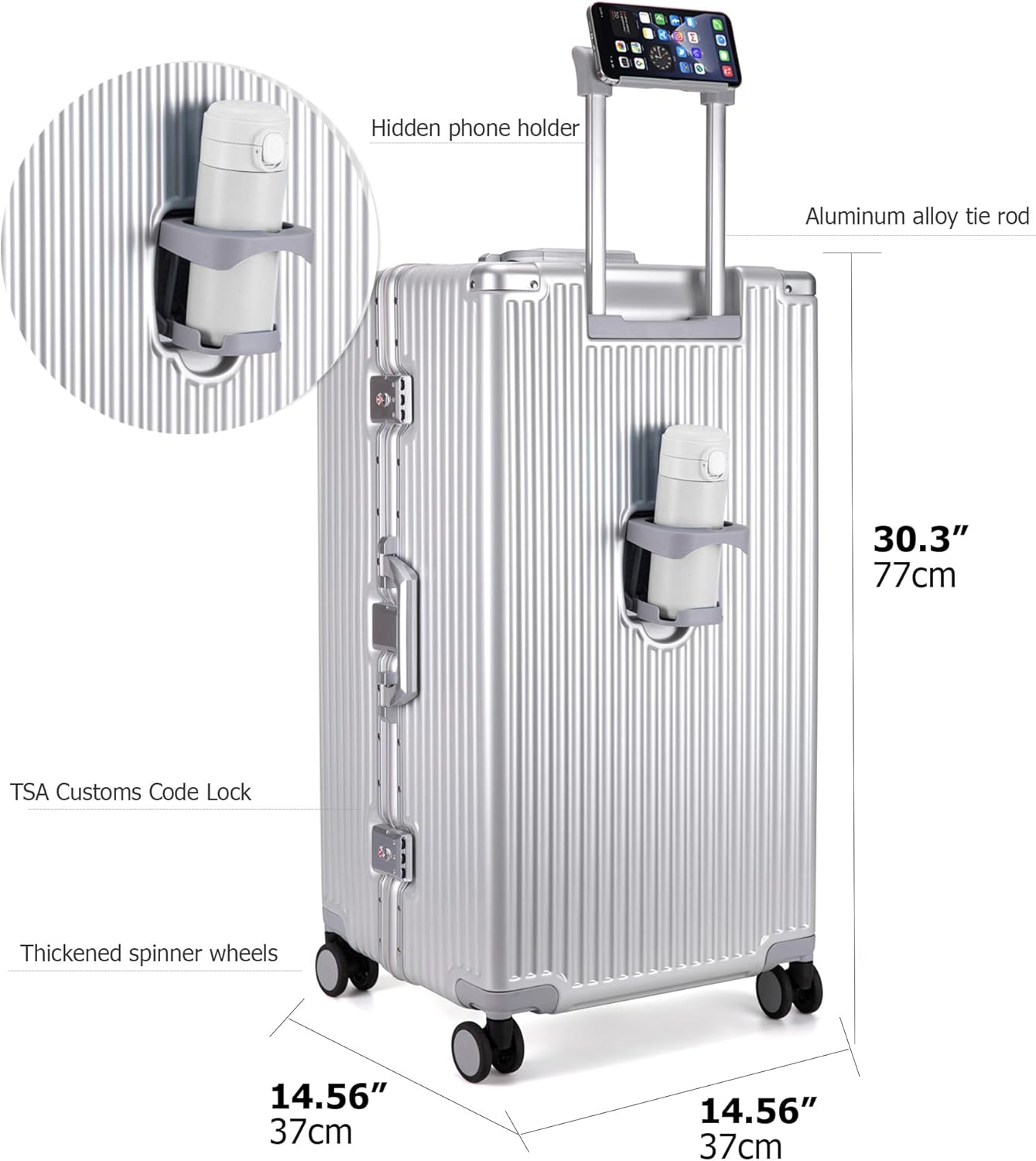 feilario 30in Super Large Captain Aluminum Frame Hardside Spinner Wheels Luggage, Zipperless Checked Suitcase with Cup Holder/Phone Holder