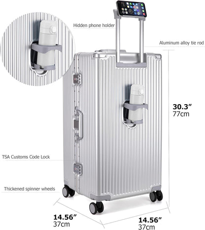 feilario 30in Super Large Captain Aluminum Frame Hardside Spinner Wheels Luggage, Zipperless Checked Suitcase with Cup Holder/Phone Holder