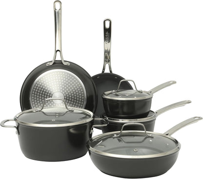 Sur La Table Kitchen Essentials Cool Commune Hard Anodized 10 Piece PFA Free Ceramic Non stick Interior Forged Durable Aluminum Pots and Pans Cookware Set - Black - Induction Compatible