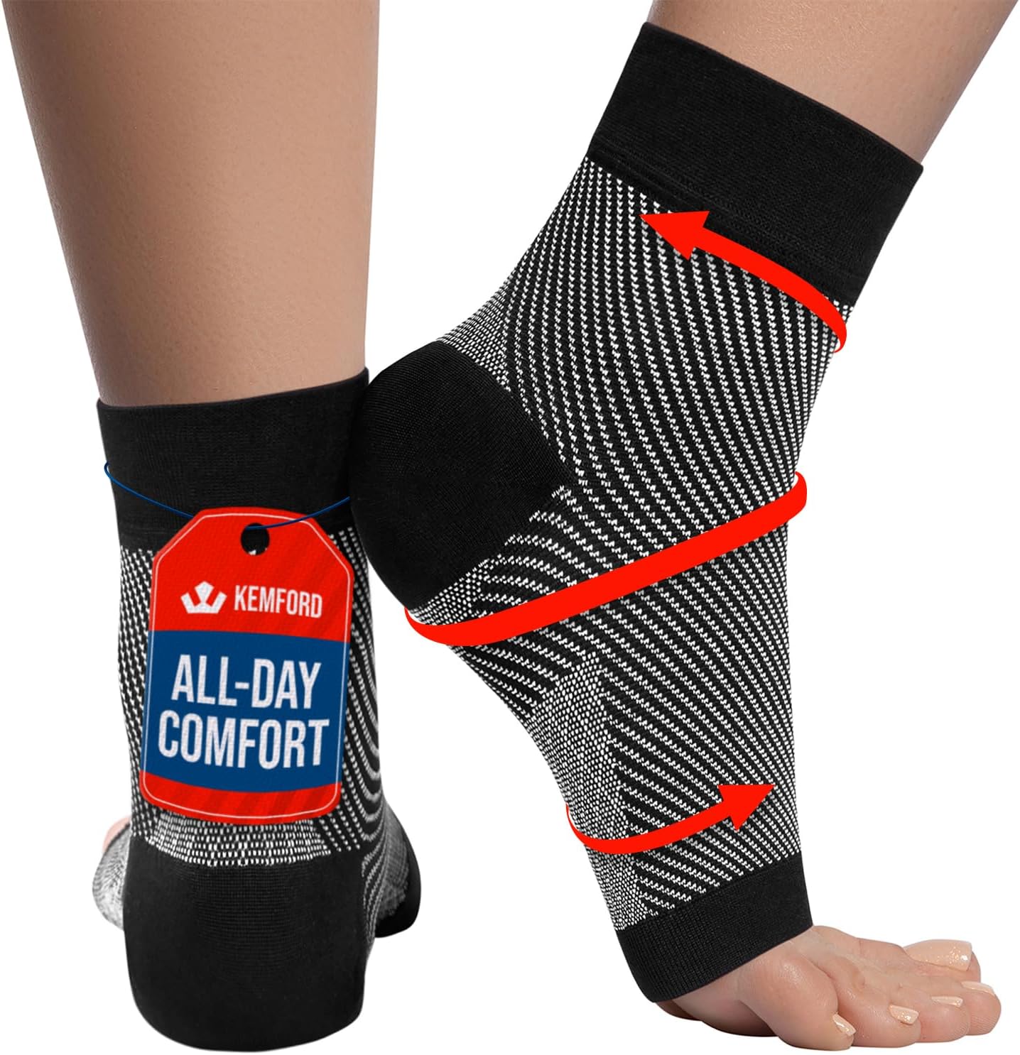 KEMFORD Ankle Compression Sleeve - Plantar Fasciitis Braces - Open Toe Compression Socks for Swelling, Sprain, Neuropathy, Foot Arch Support for Men and Women - 20-30mmhg, M, Black and White