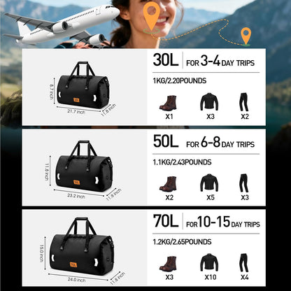 Waterproof Duffel Bag, 50L Roll-top Motorcycle Dry Bag with Air Valve & Quick-fixed Straps, Travel Duffle Bags for Kayaking Paddle Boarding Rafting Boating Camping Riding Fishing - Black