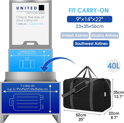 Narwey Carry on Luggage 22x14x9 Airline Approved Foldable Duffle Bag for Travel Packable Duffel Bag for Traveling Airplane for Women and Men 40L (Black (With Shoulder Strap))