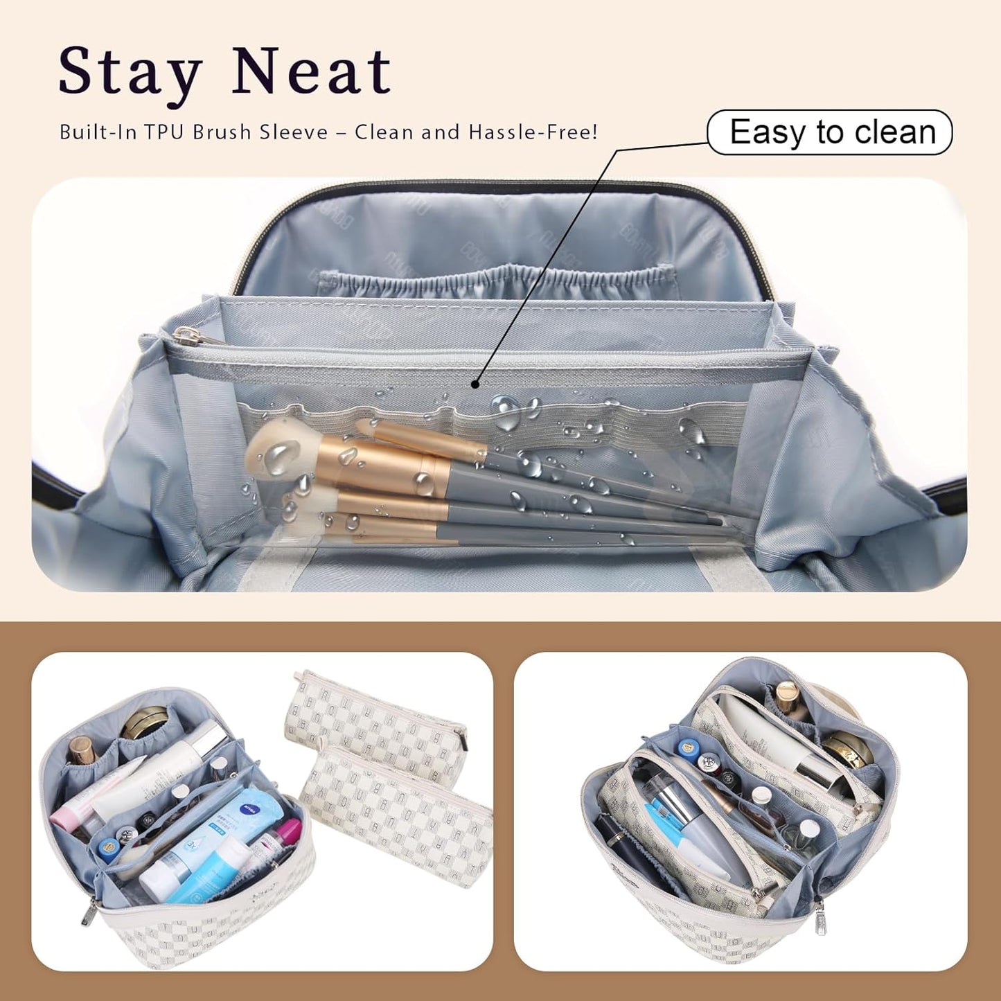 BOYATU Travel Makeup Bag Cosmetic Bags for Women: 3 Pcs Set Portable Make up Bag with Handle - Vegan Leather Toiletry Bags with Compartments - Makeup Organizer for Travel Essentials(02-Beige)