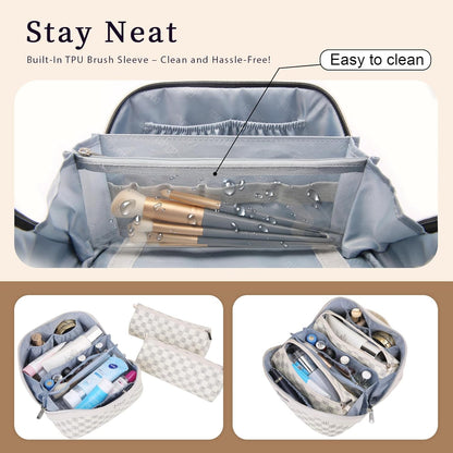BOYATU Travel Makeup Bag Cosmetic Bags for Women: 3 Pcs Set Portable Make up Bag with Handle - Vegan Leather Toiletry Bags with Compartments - Makeup Organizer for Travel Essentials(02-Beige)