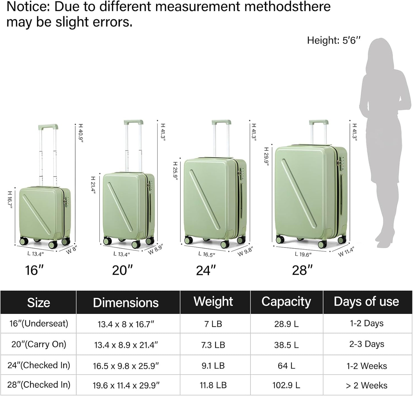 MILADA Underseat Carry On Luggage With Wheels 16 Inch Small Suitcase Underseat Carry On bag Mini Travel Luggage Personal Item Hard Case Luggage TSA Approved Luggage,Bamboo Green