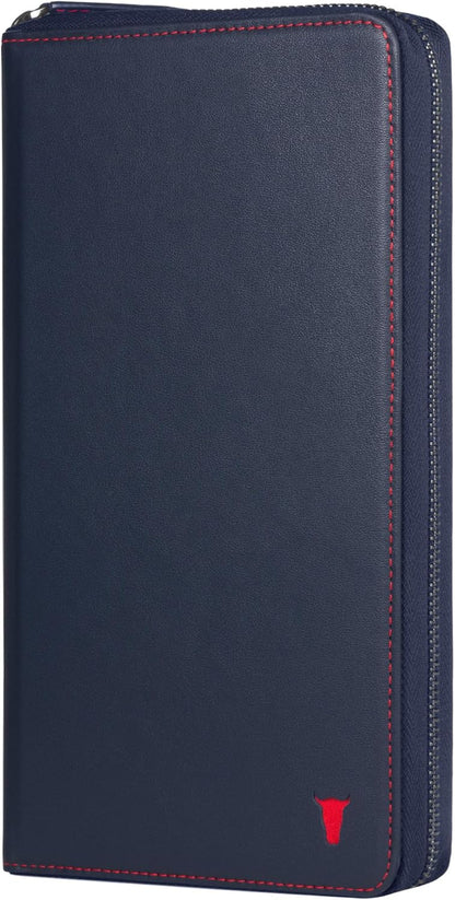 TORRO Premium Leather Family Travel Wallet, RFID Blocking Travel Organizer, Family Passport Holder for 4 Passports, Travel Documents and Cards (Navy Blue)