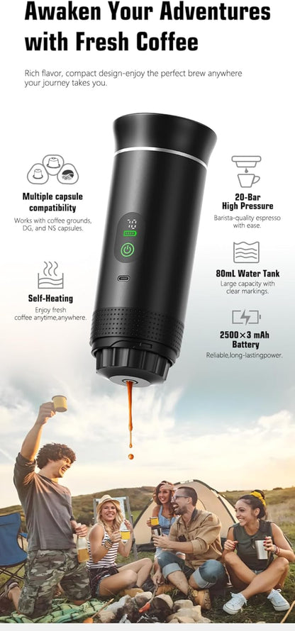 Portable Electric Coffee Maker, Digital Display, Compatible with Coffee Pods,Rechargeable Coffee Machine for Travel, Camping, RV,Home,Office (grey)