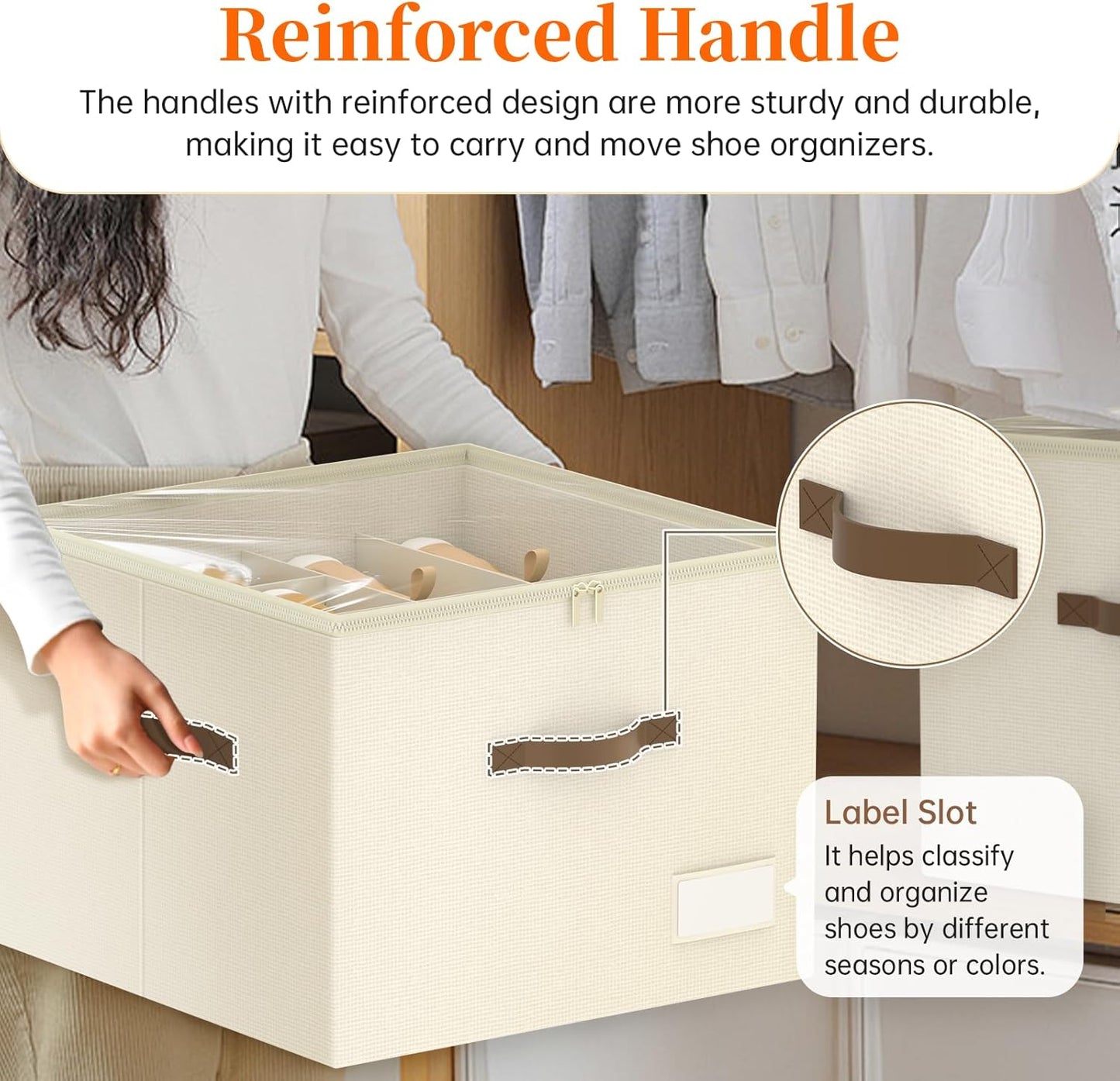 Shoe Organizer for Closet, Foldable Shoe Storage Containers, Fits up to 16 Pairs, Large Shoe Storage Organizer Box Cubby Baskets Bins with Clear Cover and Reinforced Handles, Beige