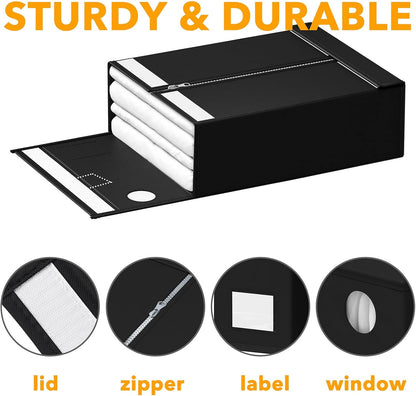 SpaceAid 12 Pack Bed Sheet Organizers and Storage, Foldable Sheet Organizer for Linen Closet, Set Folder Keeper with Window XL (Queen & King Size) Bedding Container (Black)