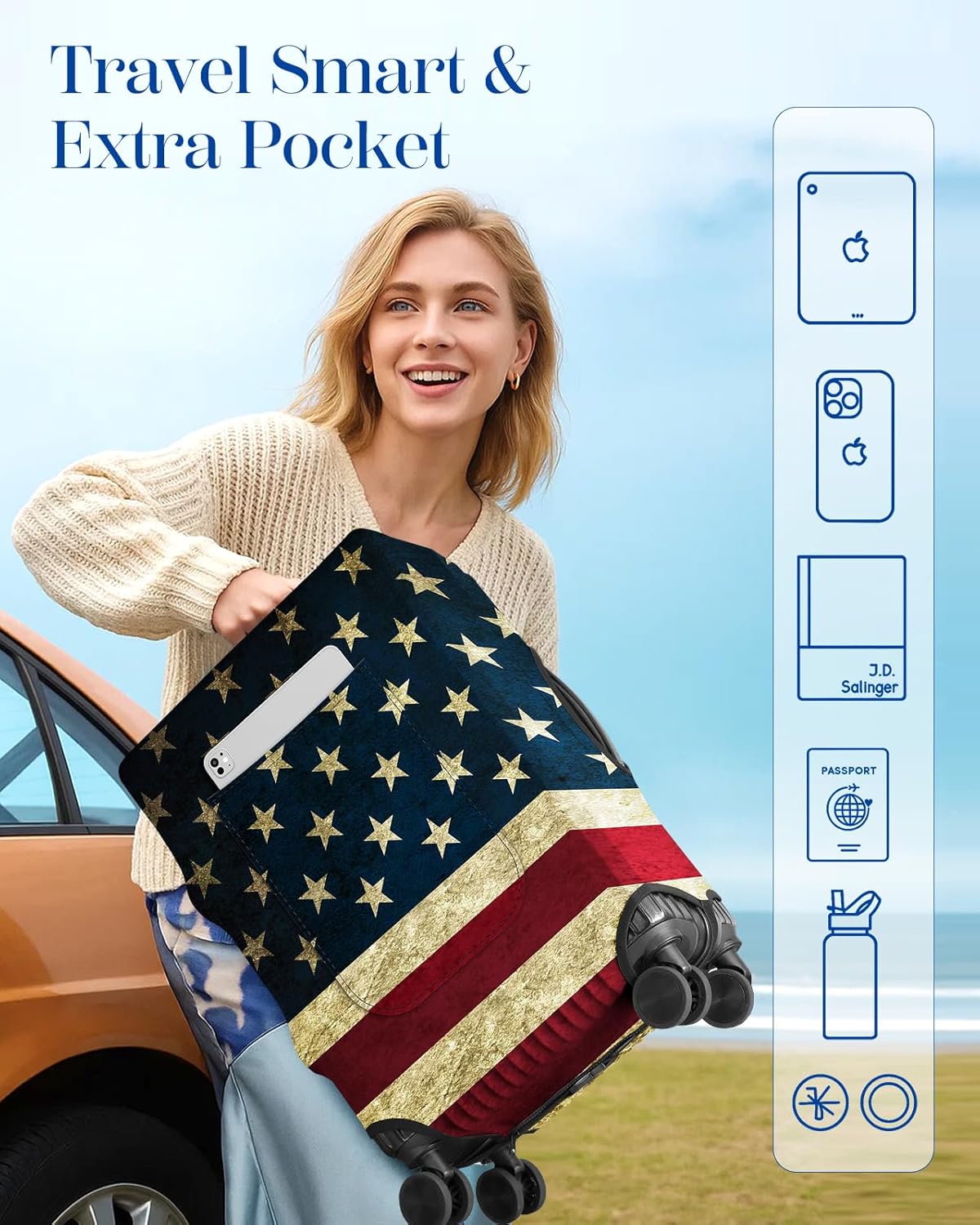 Slohif Luggage Cover for Suitcase Tsa Approved Protector - Luggage Sleeve Large Suit Case Cover Travel Stretch Baggage Case Protective Washable Fit 31-32 Inch Flag XL