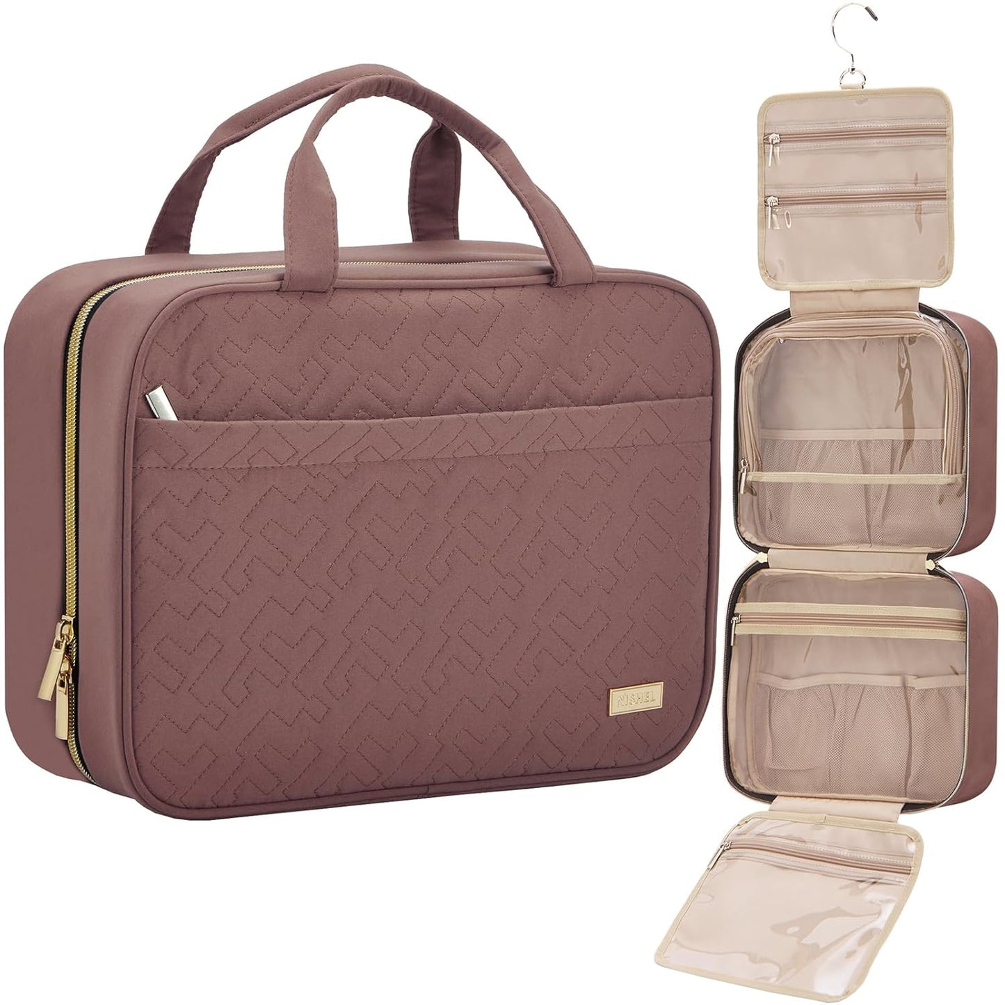 NISHEL Travel Toiletry Bag for women, Portable Hanging Organizer for Full-Sized Shampoo, Conditioner, Brushes Set, Makeup Accessories, Large Size, Rosewood-Pink