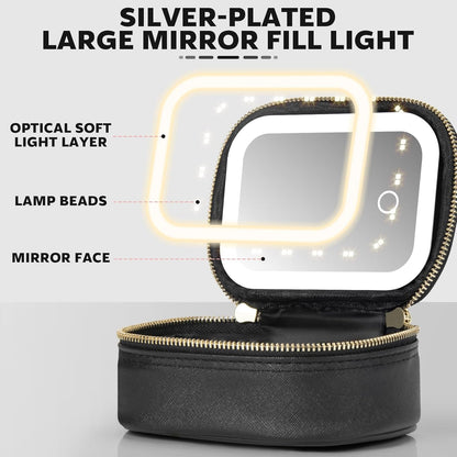 Small Makeup Bag Travel Train Case with Mirror and Light Mini Travel Make up for Women Train Case Cosmetic Organizer 3 Adjustable Brightness Toiletry Bag Portable Artist Storage