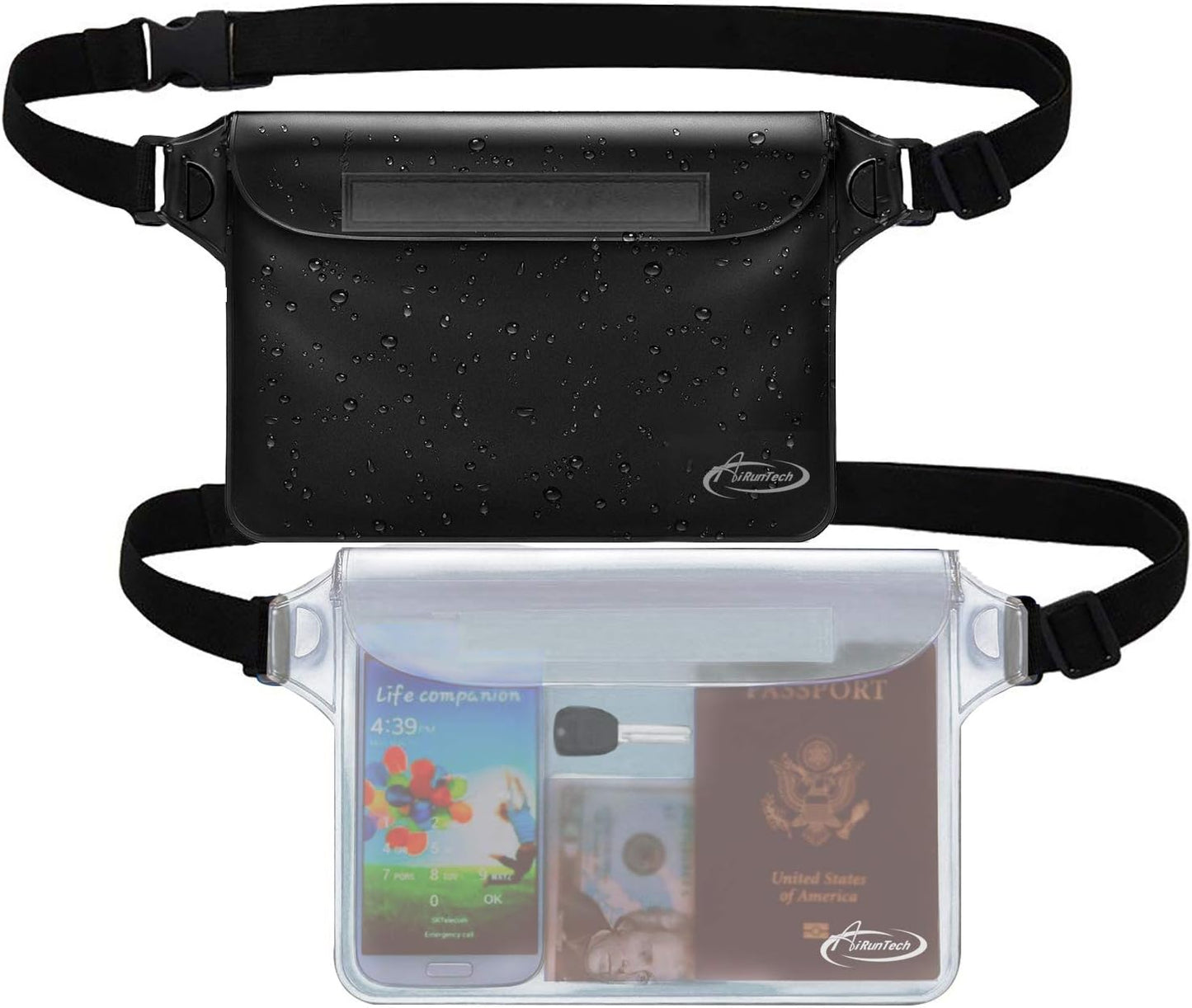 AiRunTech Waterproof Pouch with Waist Strap (2 Pack) | Beach Accessories Best Way to Keep Your Phone and Valuables Safe and Dry | Perfect for Boating Swimming Snorkeling Kayaking Beach Pool Water Park
