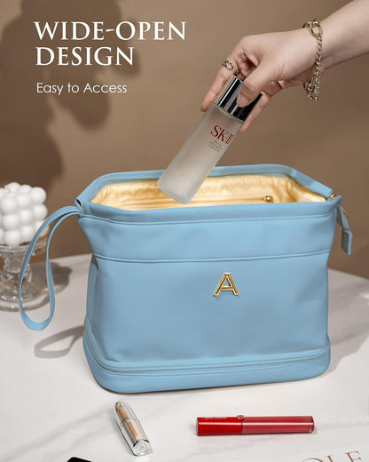 Makeup Bag for Women, Personalized Double Layer Cosmetic Bag with Makeup Brush Organizer, Waterproof, Large Capacity PU Leather Travel Toiletry Bag Gift Gift for Mom，Personalized Gifts