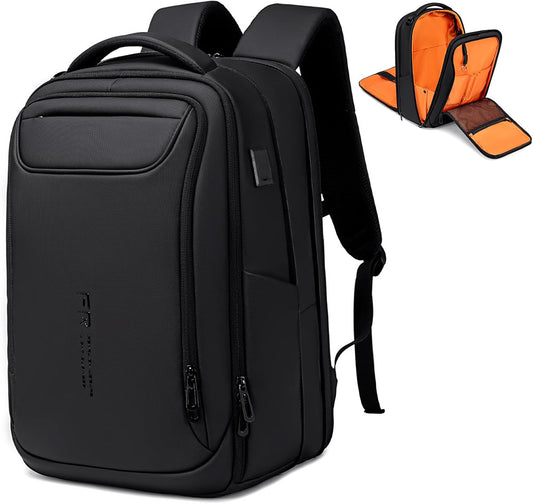 FENRUIEN Expandable Travel Backpack 15.6 Inch, Water Resistant Backpack with USB Charging Port, Black Laptop Bag for Work/Commuter/College