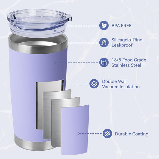 HASLE OUTFITTERS 20oz Stainless Steel Tumblers Bulk, Insulated Travel Cup with Lid, Double Wall Vacuum Coffee Mug for Cold & Hot Drinks 4 Pack, Light Purple