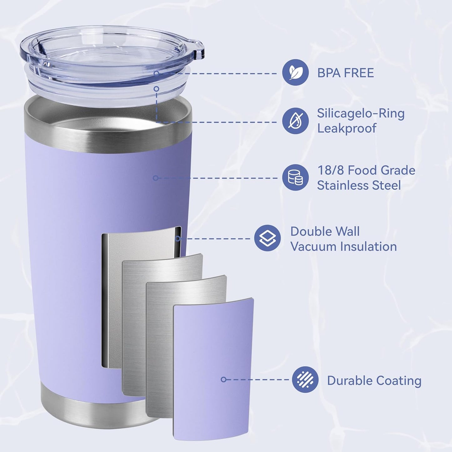 HASLE OUTFITTERS 20oz Stainless Steel Tumblers Bulk, Insulated Travel Cup with Lid, Double Wall Vacuum Coffee Mug for Cold & Hot Drinks 12 Pack, Light Purple
