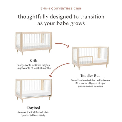 Babyletto Lolly 3-in-1 Convertible Baby Crib - GREENGUARD Gold Certified Convertible Crib to Toddler Bed & Daybed - Wooden Baby Bed, 4 Adjustable Heights - Easy to Assemble - Washed Natural/Acrylic