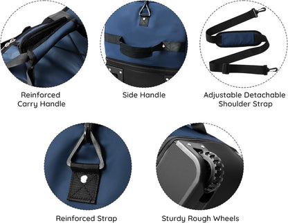 110L/140L Expandable Soft-Sided Foldable Duffle Bag with 2 Rubber Wheels,Packable 32” Rolling Carry-On with Multi-Pockets & Compartments,Navy Blue