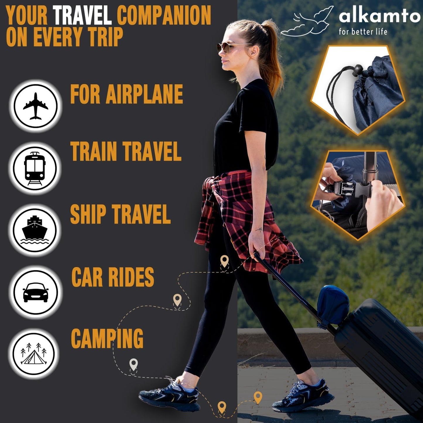Travel & Camping Comfortable Memory Foam Pillow – Easy to Carry Portable Bag – Temperature Regulating Pillow Case (White + Extra Cover)