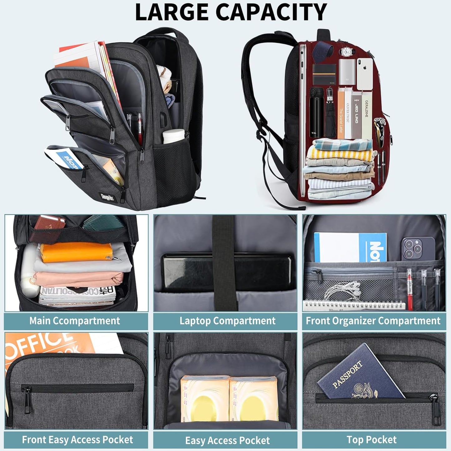 Backpck for Men Women, School Backpack for Boys Teens, 15.6 inch Laptop Back Pack with USB Charger Port, Bookbag with USB Charger for College High Middle School Travel Business Work Mochilas Black