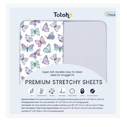 TotAha Premium Soft Pack n Play Sheets, Super Stretchy Jersey Knit Mini Crib Sheets Fitted, Silky Comfort Graco Pack and Play Mattress Sheets 2-Pack, Purple Butterfly