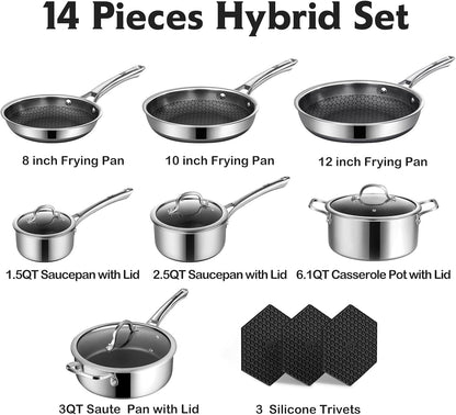 Pots and Pans Set Non Stick, 14 Pcs Hybrid Stainless Steel Cookware Sets, Non Stick Frying Pans, Saucepans, Saute Pan & Stock Pot, PFOA Free Kitchen Skillet,Induction Compatible