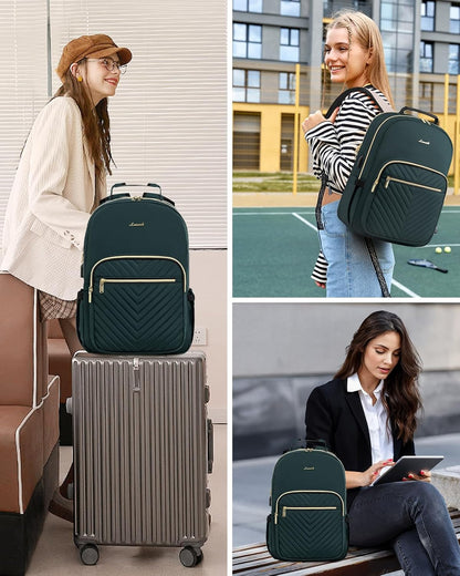 LOVEVOOK Laptop Backpack Purse for Women, Work Business Travel Computer Bags, College Nurse Backpack for Womens, Quilted Casual Daypack with USB Port, Fit 15.6 Inch Laptop, Deepgreen