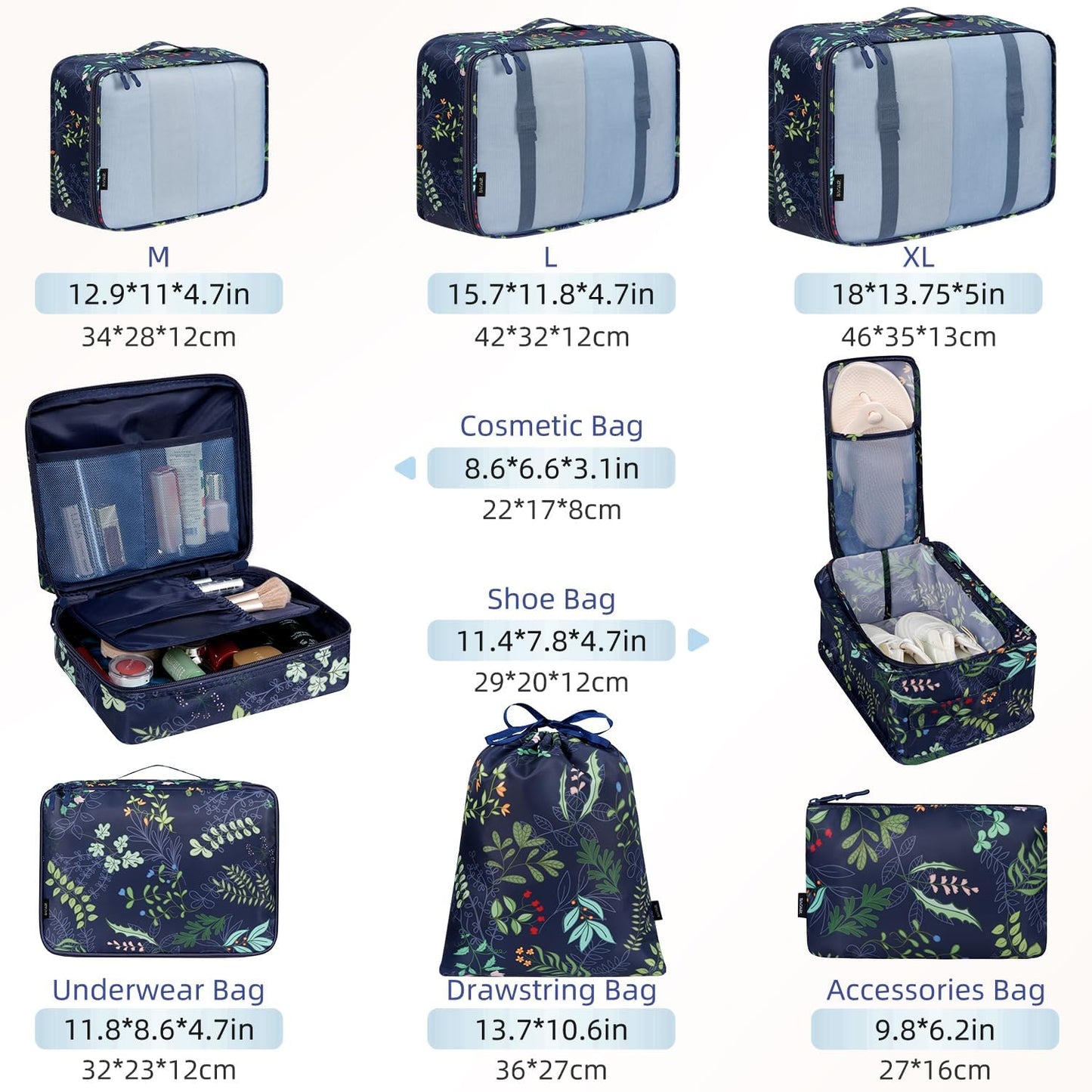 BAGAIL 8 Set Packing Cubes Luggage Packing Organizer Bags for Travel Accessories-Navy Leaf