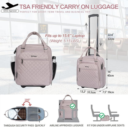 EMPSIGN Underseat Carry On Wheeled - 16" Carry on Bag with Wheels Multi-functional Lightweight Rolling Bag Overnight Weekender Small Suitcase for Women Men Travel Business, Dusty Pink