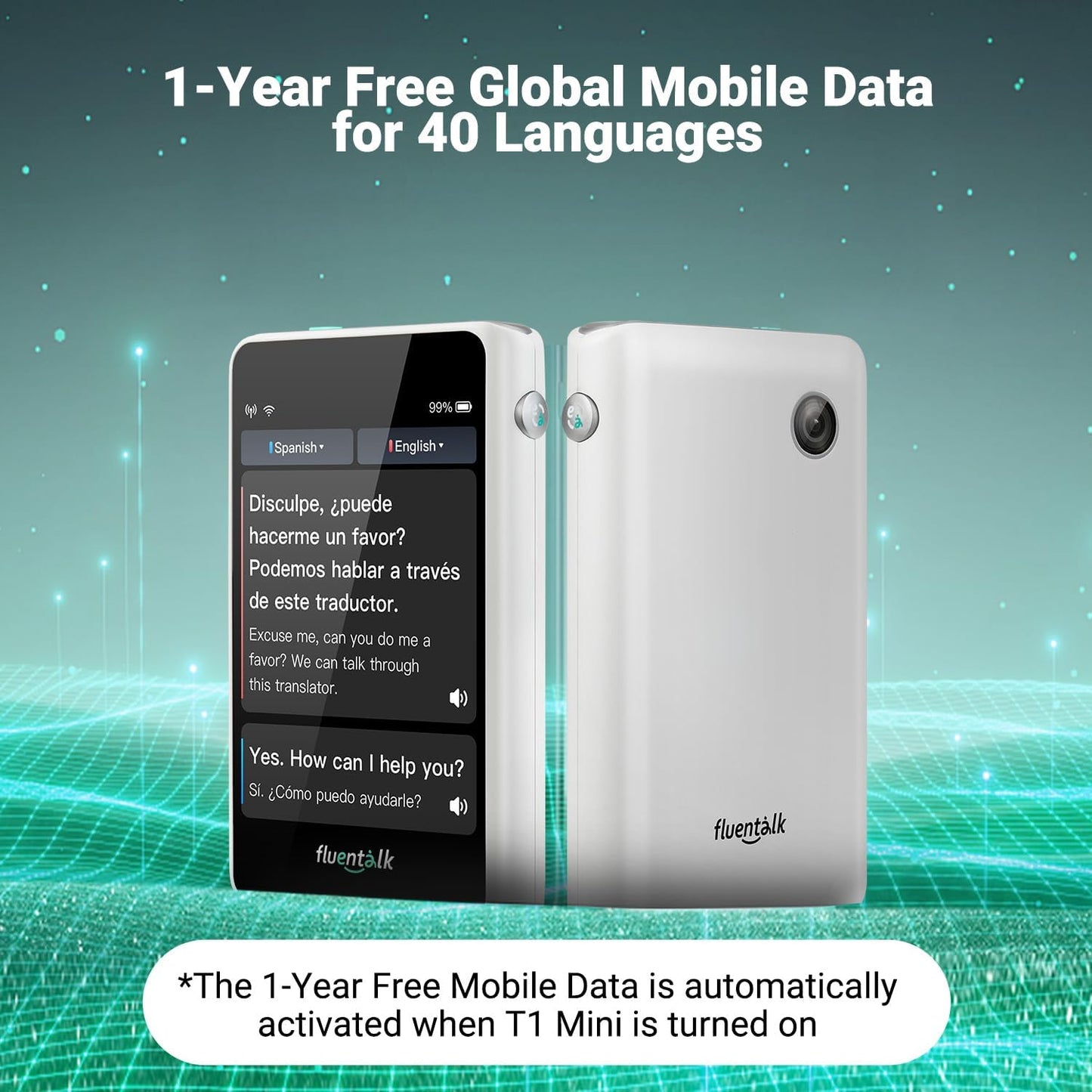 Timekettle, Fluentalk T1 Mini Translator Device No WiFi Needed, Built in 1-Year Global Mobile Data, Supports 40 Languages and Photo Translation, Instant Language Translator for Travelling White