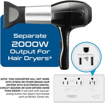 Ceptics Voltage Converter for Travel, 220V to 110V Converter w/Type C, E/F, G, I Plugs, 2000W Outlet for Hair Dryers, 4 USB w/ 1 USB-C PD 18W Fast Charge, for Curling Iron, Straightener, Chargers