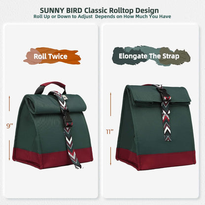 SUNNY BIRD Insulated Lunch Bag Rolltop Lunch Box Tote Bag for Women, Men, Adults and Teens (Green with Boho strap)