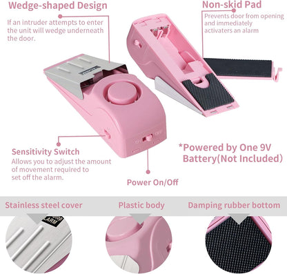 Portable Door Lock & Door Stop Alarm Set, Dual Protection Home Security Door Kit, Travel Hotel Door Lock Devices Pocket Self Defensey Tools for Traveling Hotel Home Apartment,Pink