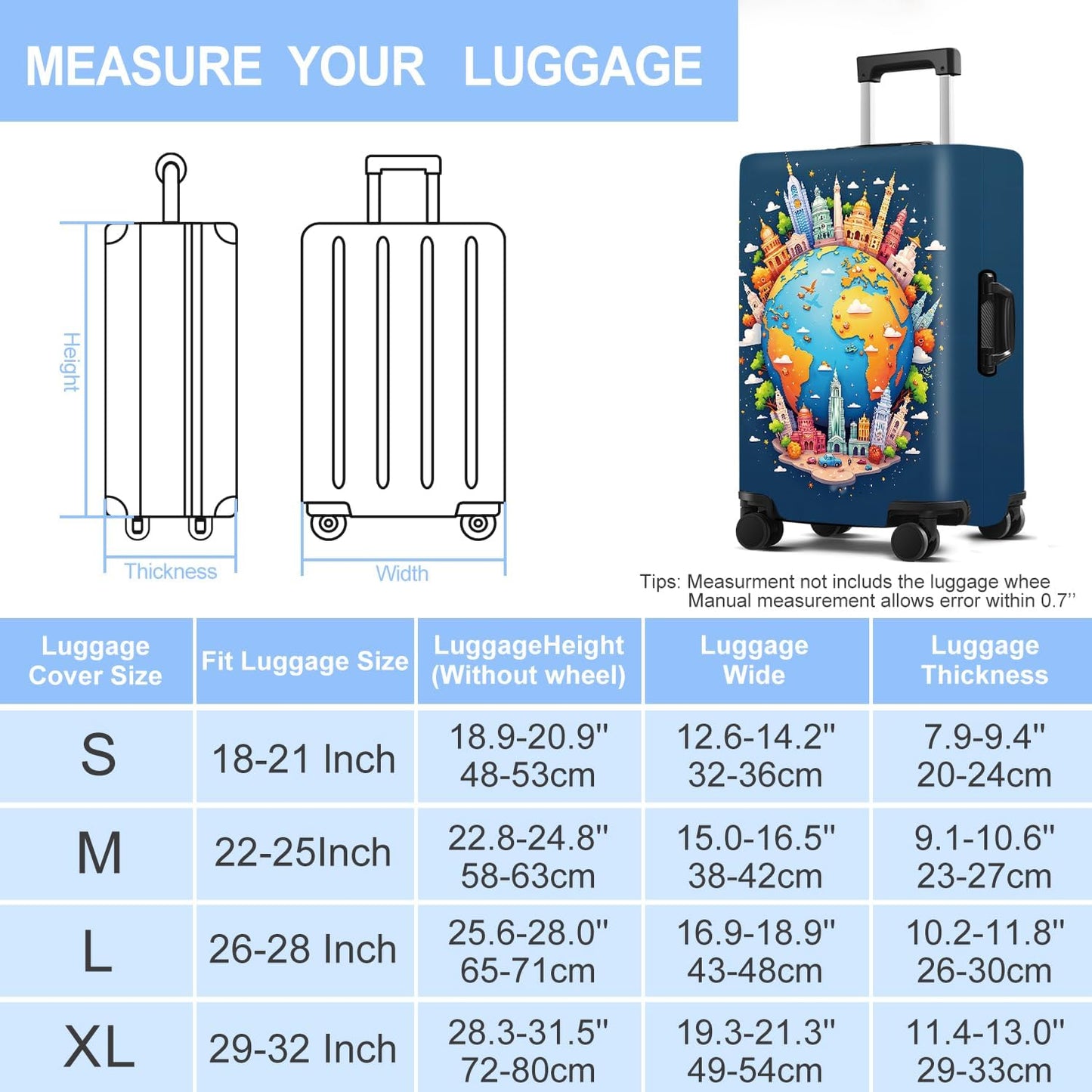 Luggage Cover Washable Suitcase Protector Anti-Scratch,Stretchable Fit for 20-34Inch Luggage Durable Travel Bag Cover with Zipper Closure (Earth, S(fits 20-22inch suitcase))