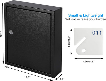 KYODOLED Key Storage Lock Box with Key, Locking Key Cabinet, 60 Key Management Wall Mount with Key Lock, Key Hooks & Tags Key Labels, 2.5" D x 10.2" W x 12.1" H (Black,60 Key)