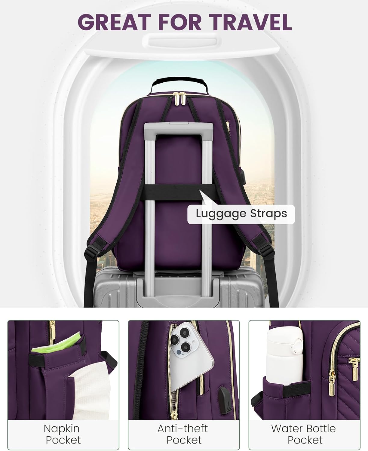 LOVEVOOK Laptop Backpack Purse for Women, Work Travel Computer Bags, College School Backpack for Student Girl, Quilted Casual Daypack with USB Port, Fit 15.6 Inch Laptop, Deep Plum