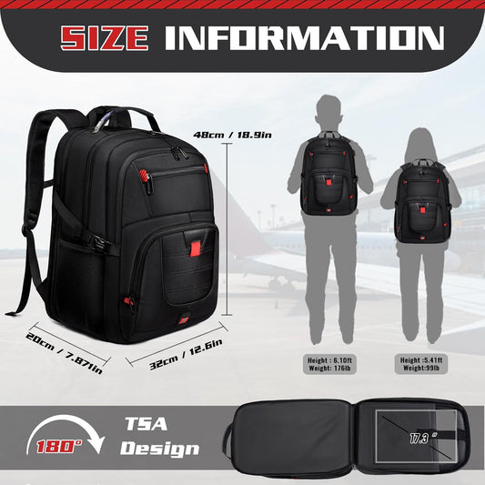50L Travel Backpack, 17 inch Laptop Backpack for Men, Extra Large Sturdy TSA Friendly with USB Port College School Rucksack Bag Gifts for Him Men Women, Black