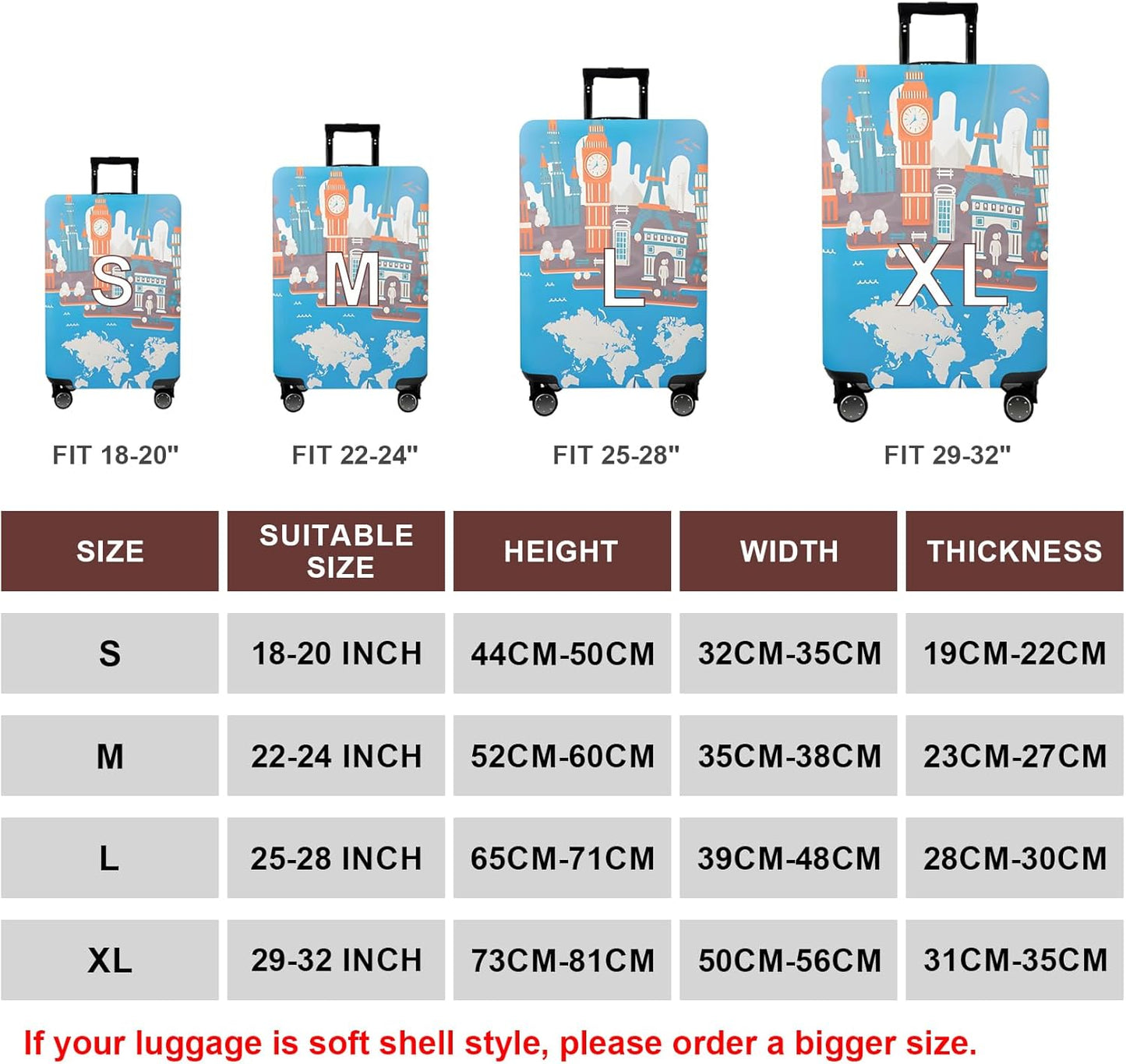 WUJIAONIAO Travel Luggage Cover Baggage Suitcase Cover Protector Skins 18-32 Inch (Eiffel Tower, S (for 18-20 inch luggage))