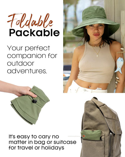 Sun Hats for Women Gardening Hat Wide Brim Ponytail Beach Sun Protection Breathable Cotton Summer Hat with Fold-Up Brim