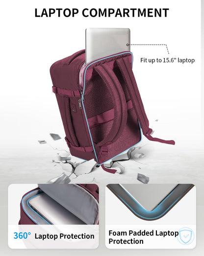 ECOHUB Travel Backpack for Women, Carry on Backpack with USB Charging Hole, Spirit Airlines Personal Item Bag Flight Approved, 15.6 Inch Laptop Backpack with Anti Theft Pockets, 30L, Red